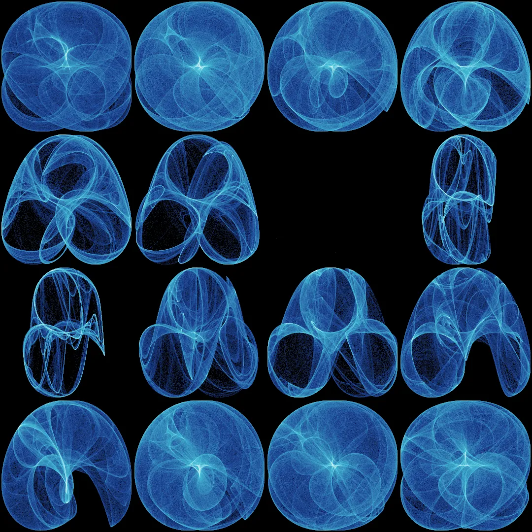 A four by four grid of blue attractor renders on black. Most cells are full round forms; two are narrow and pinched, and one near the middle is almost empty.
