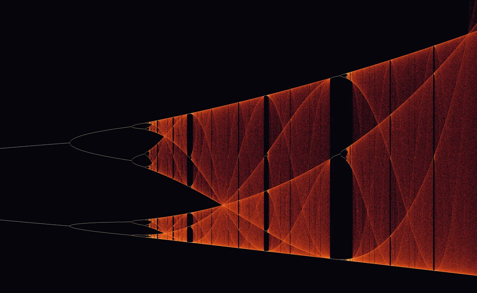 A second dark plot, similar in structure to the first, with thin lines splitting into branches and dissolving into orange fog, at a much narrower range of the dial.
