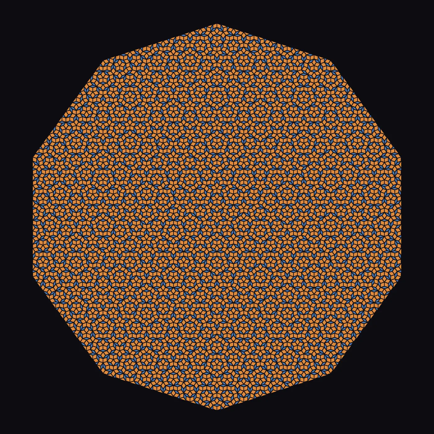 A dense circular pattern of amber and dark blue rhombuses on black, with ten-fold symmetry radiating from the centre and no repeating grid anywhere in it.